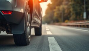 A well-maintained and properly inspected vehicle on a smooth, well-lit road, with a focus on the car's essential components such as the tires, brakes, and lights. The scene should convey a sense of safety and responsible driving, emphasizing the importance of regular technical inspections in ensuring the roadworthiness of vehicles and the well-being of all road users. The image should be captured from a slightly elevated angle, providing a clear view of the vehicle and the road ahead, with a soft, warm lighting that creates a sense of comfort and security.