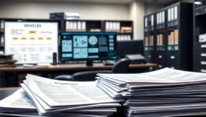 A detailed administrative office setting depicting the rules and regulations governing vehicles. In the foreground, a stack of official documents and forms related to vehicle registration, licensing, and compliance. The middle ground features a modern computer workstation with organizational charts and diagrams on the monitor, conveying the administrative procedures. In the background, shelves of organized files and cabinets suggest the meticulous record-keeping associated with vehicle management. The lighting is bright and professional, with a neutral color palette reflecting the formal, rule-oriented nature of the scene. The overall atmosphere is one of systematic order and administrative diligence surrounding the topic of vehicle-related policies.