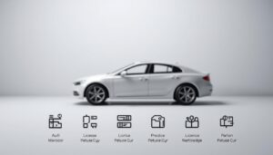 أصناف رخصة السياقة والحد الأدنى للسن المطلوب 4 A detailed and meticulously crafted illustration of the different license categories in Morocco. The foreground displays a clean, minimalist layout showcasing the license types, with clear icons and labels. The middle ground features a realistic 3D model of a car, emphasizing the practical application of the licenses. The background blends a subtle gradient, evoking a sense of professionalism and authority. The lighting is soft and directional, casting gentle shadows to accentuate the forms. The overall aesthetic is sleek, informative, and visually engaging, perfectly suited to accompany the article's section on driver's license classifications.