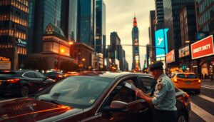 A cityscape at dusk, with a busy intersection at the center. In the foreground, a sedan navigates the intersection, its driver scrutinizing a stack of documents. In the middle ground, a police officer directs traffic, their uniform crisp and authoritative. In the background, towering skyscrapers and neon signs cast a vibrant glow, hinting at the bustling urban environment. The scene is bathed in warm, golden light, creating a sense of tension and urgency. The overall composition emphasizes the interplay between the driver's dilemma, the officer's enforcement, and the larger context of the city's infrastructure and regulations.