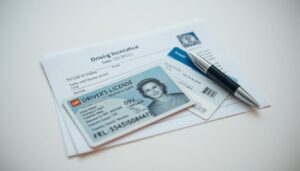 A high-resolution close-up image of the basic documents required for drivers, including a driver's license, vehicle registration, and insurance card, displayed on a clean, neutral background with soft, diffused lighting creating a sense of organization and professionalism. The documents are arranged in a visually appealing layout, with attention to detail and a subtle, muted color palette to convey the seriousness and importance of these essential papers. The image should evoke a feeling of security, reliability, and the necessary documentation needed for responsible driving.