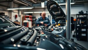 A detailed technical inspection of a vehicle, with the front of the car in the foreground, showcasing the various components that need to be checked. The middle ground features a mechanic carefully examining the engine, surrounded by diagnostic tools and equipment. The background depicts a well-equipped garage or service center, with subtle lighting and a sense of order and professionalism. The overall atmosphere conveys the importance of regular vehicle inspections to ensure road safety and compliance with regulations.