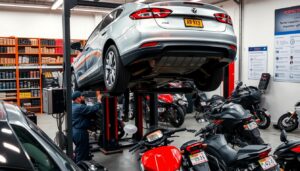 A well-lit, high-resolution image of the technical inspection requirements for vehicles in Morocco. The scene depicts a modern auto repair shop with a variety of cars and motorcycles undergoing inspections. In the foreground, a mechanic is closely examining the undercarriage of a car on a hydraulic lift, surrounded by diagnostic equipment and tools. In the middle ground, other mechanics are testing brakes, emissions, and electrical systems on different vehicles. The background shows shelves of spare parts, posters detailing the technical inspection process, and a wall-mounted display with the inspection criteria. The overall atmosphere conveys a sense of precision, professionalism, and attention to detail required for the technical monitoring of vehicles in the country.