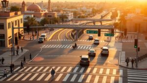 التشوير الأفقي 3 A scene depicting the recent updates to Morocco's traffic code, showcasing a modern urban intersection with newly installed traffic lights, road signs, and crosswalks. The scene is bathed in warm, golden afternoon light, creating a sense of clarity and order. In the foreground, pedestrians navigate the crosswalks, while vehicles move smoothly through the intersection, obeying the updated regulations. The middle ground features the intricate network of roads and infrastructure, with attention to detail in the painted lane markings and signage. The background captures the vibrant, bustling atmosphere of a Moroccan city, with a blend of traditional and contemporary architecture. The overall composition conveys a sense of progress, safety, and the evolving nature of Morocco's road system.