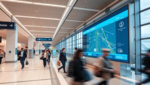 التشوير الأفقي 4 A modern transportation hub with digital signage, interactive kiosks, and intuitive wayfinding. Sleek, minimalist architecture with abundant natural light and clean lines. In the foreground, a group of passengers navigating the space, their movements captured in a blur of motion. The middle ground features a large digital display showcasing real-time traffic and route information. In the background, a panoramic view of the cityscape, hinting at the integration of advanced transportation technologies. The scene conveys a sense of efficiency, connectivity, and the seamless integration of technology in the modern horizontal signage landscape.