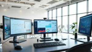 التشوير الأفقي 5 A modern data analysis workstation with a sleek, minimalist design. The foreground features an array of high-resolution monitors displaying vibrant visualizations and interactive dashboards. The middle ground showcases various input devices such as a stylus, mouse, and a high-end keyboard, while the background depicts a clean, well-lit office environment with large windows, allowing natural light to flood the space. The overall scene conveys a sense of efficiency, productivity, and a focus on data-driven insights, complementing the section title "أدوات تحليل البيانات لتقييم التشوير الأفقي".